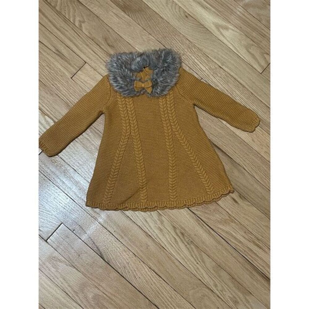 Tahari Baby Girls Yellow Sweater Dress w/ Faux Fur Collar 6-9 Months